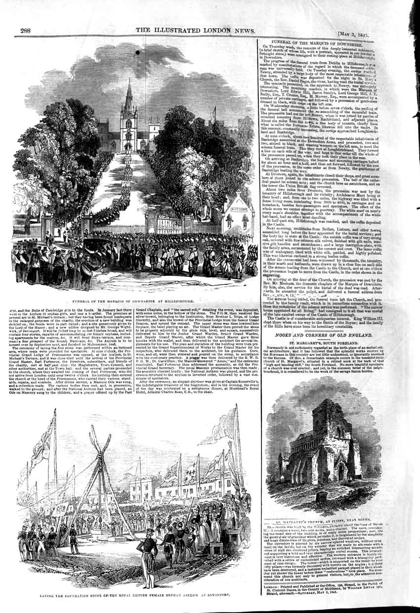Old Antique Print 1845 Funeral Marquis Downshire Orphan Asylum Devonport 19th