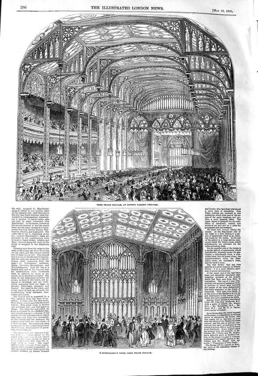 Original Old Antique Print 1845 Free Trade Bazaar Covent Garden Theatre 19th