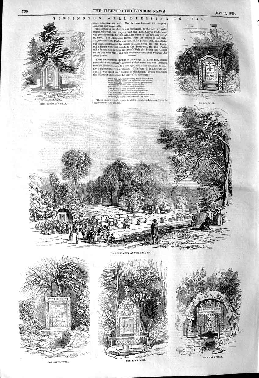 Original Old Antique Print 1845 Tissington Hall Well Coffin Goodwin Hand 19th