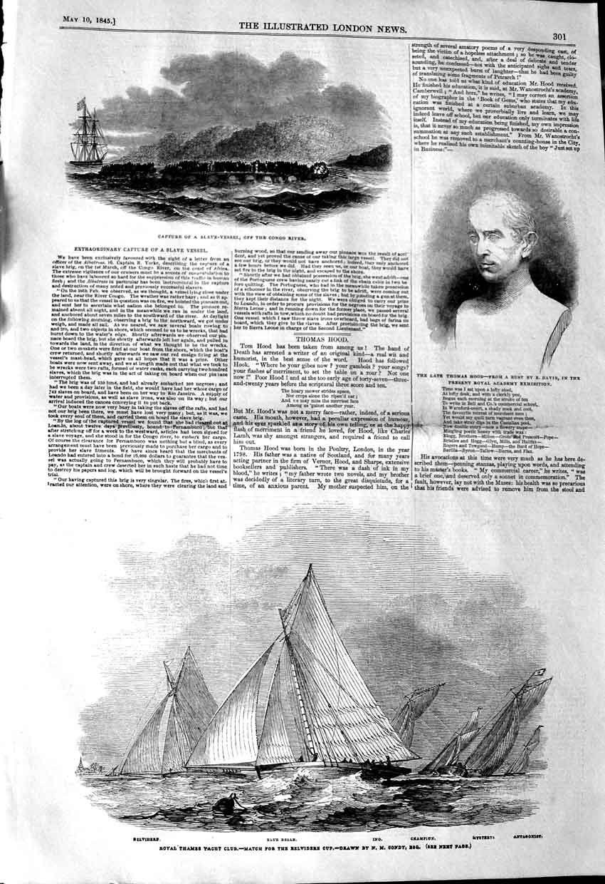 Old Antique Print 1845 Slave Ship Congo River Yacht Club Blue Belle Ino 19th
