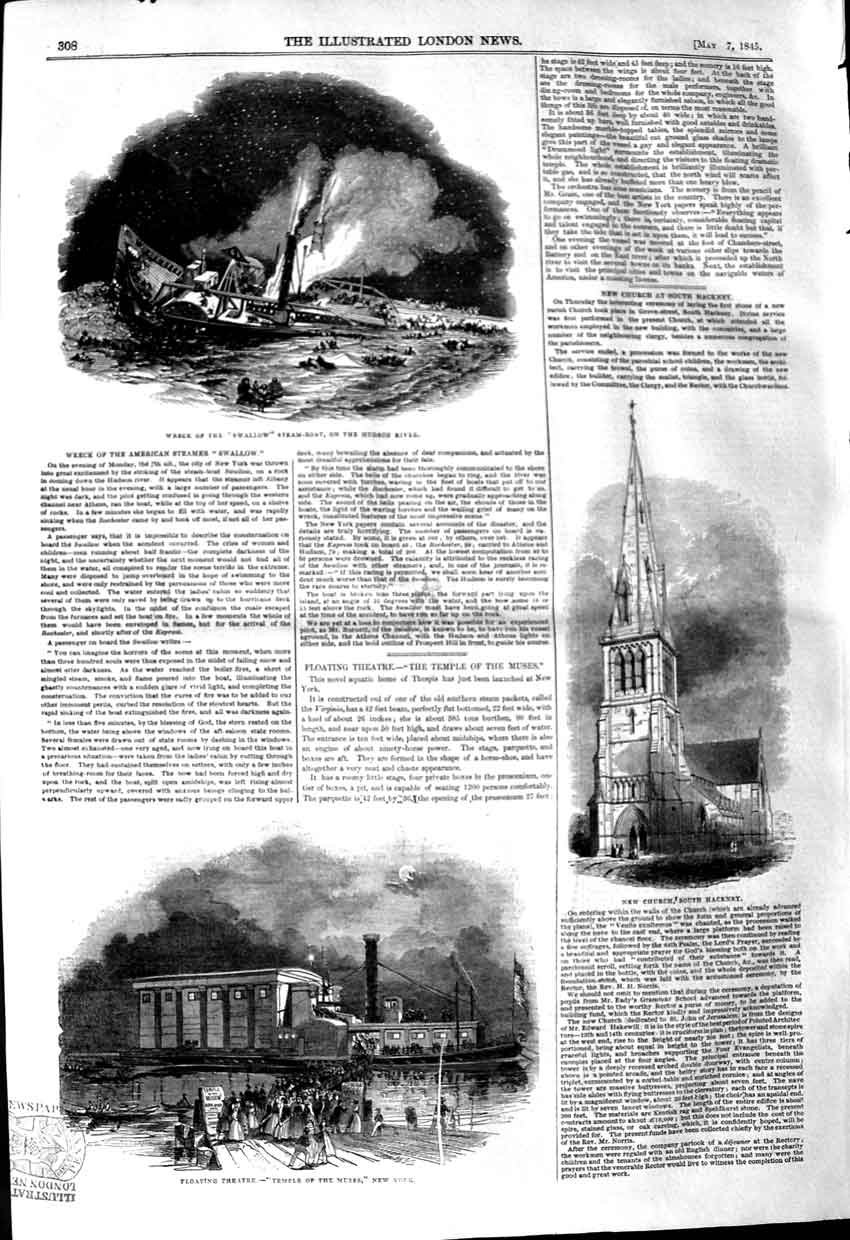 Old Antique Print 1845 Ship Swallow Hudson Church Hackney Theatre Muses 19th