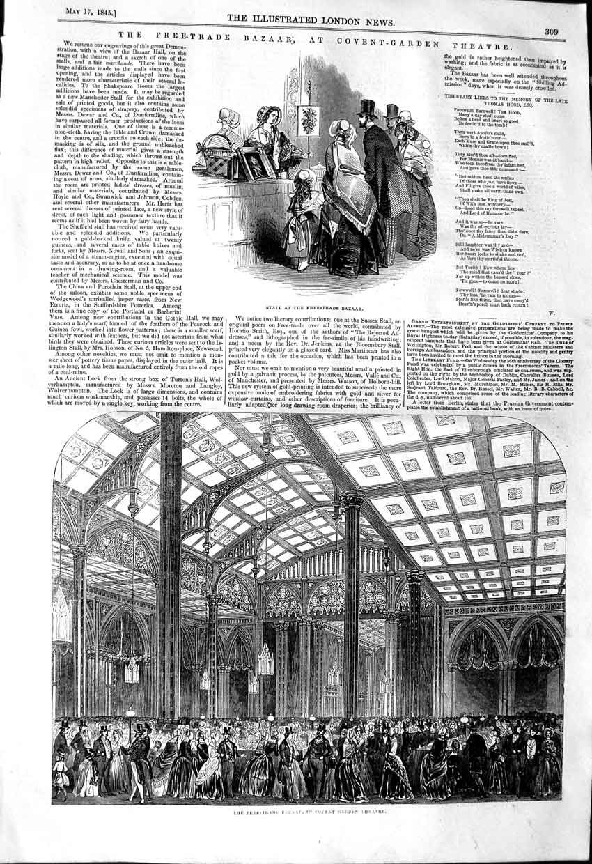 Original Old Antique Print 1845 Free Trade Bazaar Covent Garden 19th