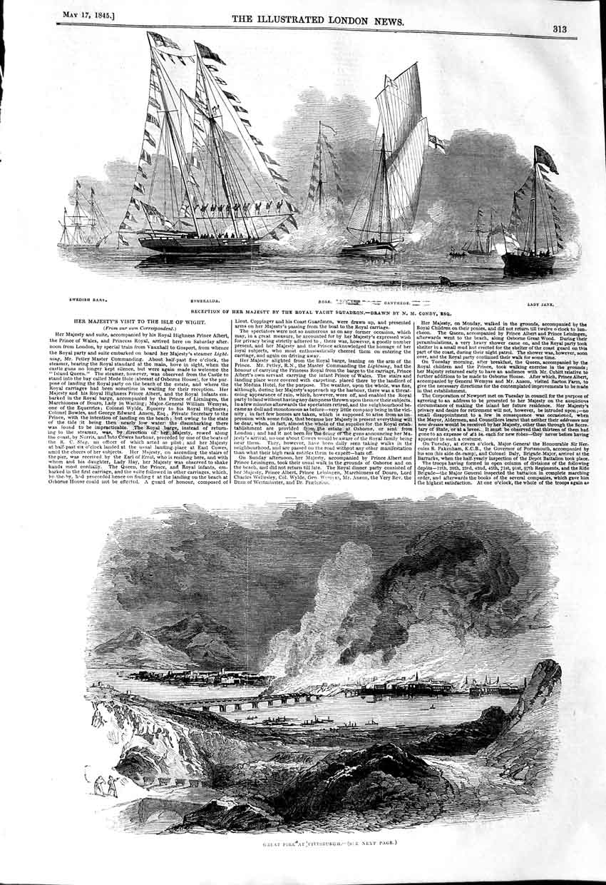 Original Old Antique Print 1845 Fire Pittsburgh Royal Yacht Esmeralda Rose Jane
