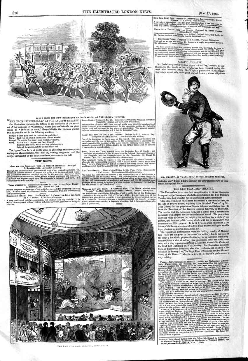 Original Old Antique Print 1845 Cinderella Lyceum Theatre Standard Wright 19th