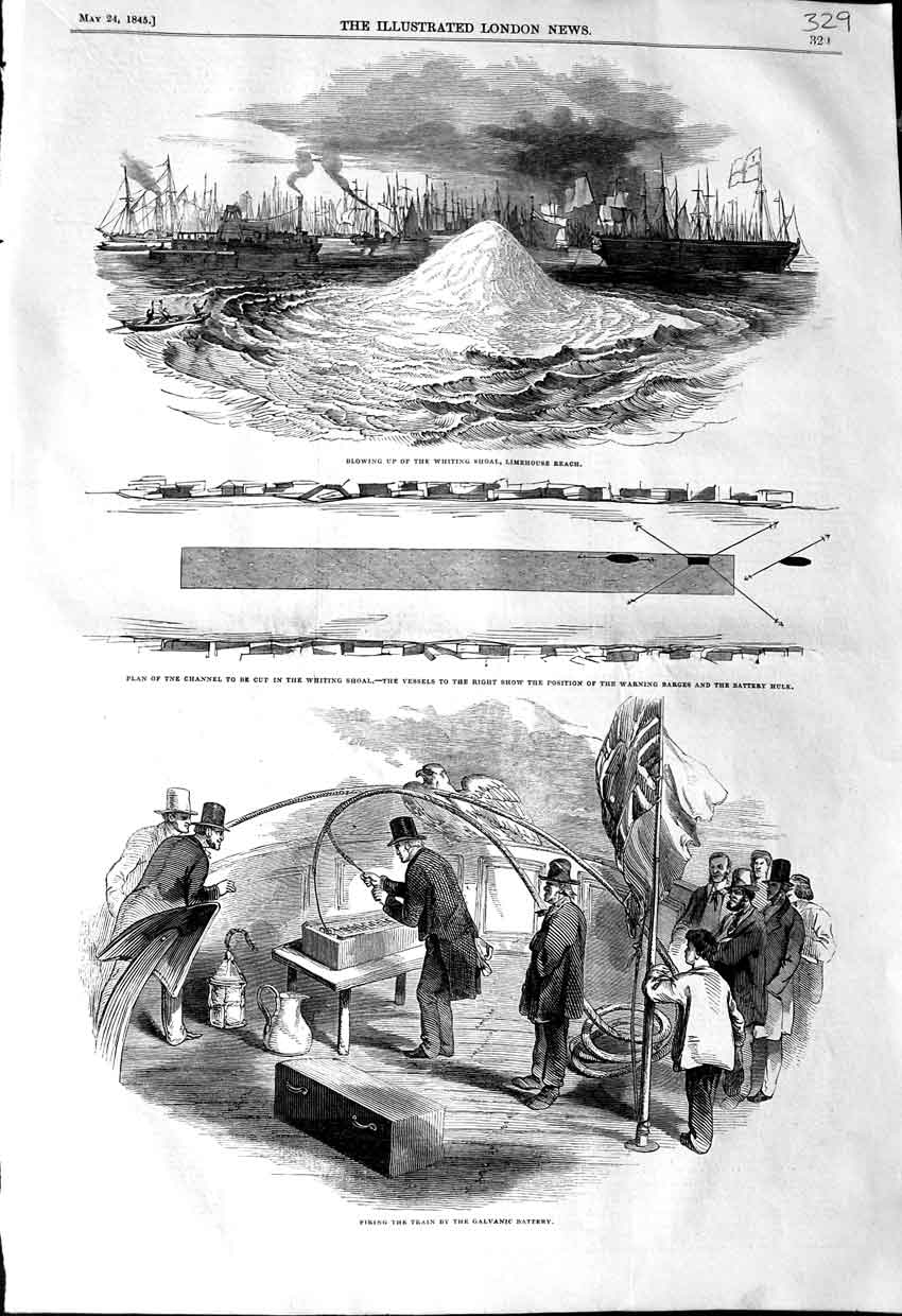 Original Old Antique Print 1845 Limehouse Reach Whiting Shoal Galvanic Battery