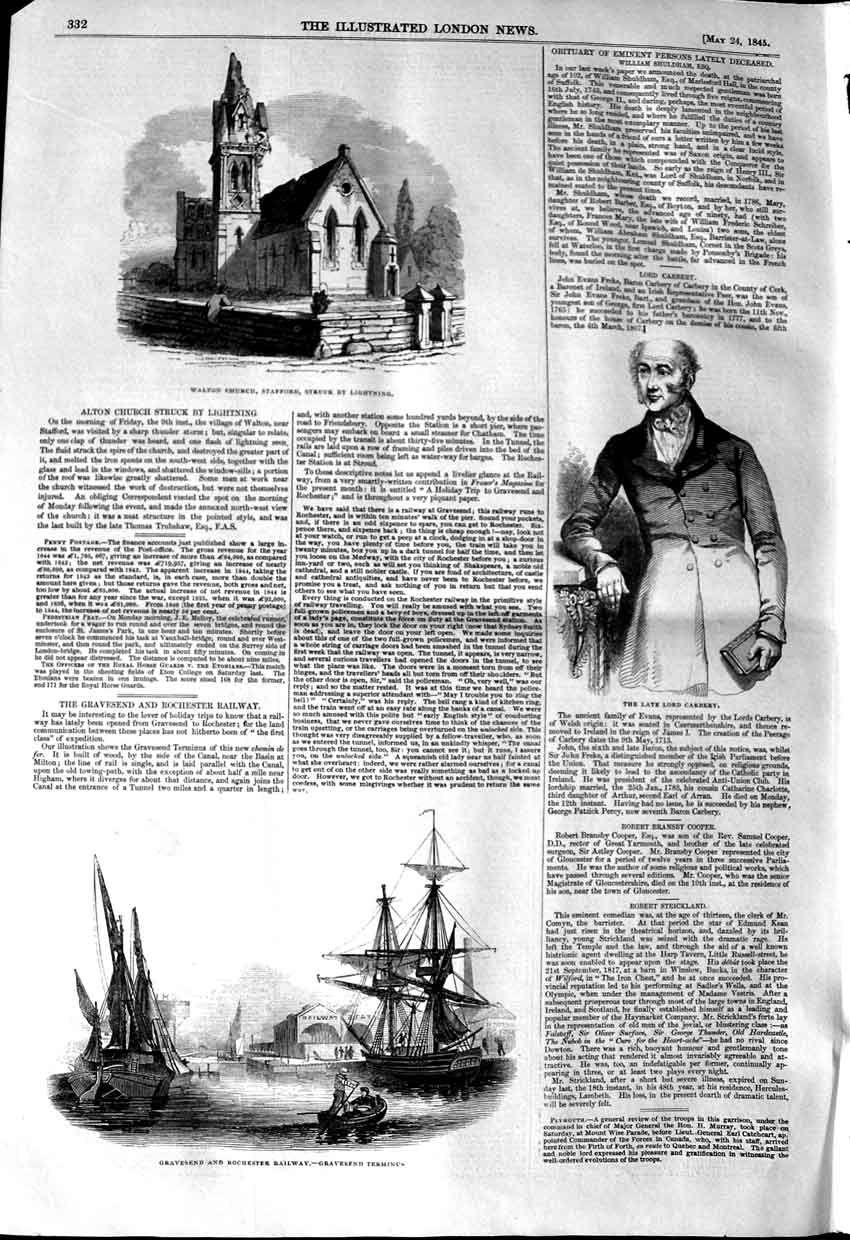 Old Antique Print 1845 Walton Church Lord Carbery Gravesend Railway Ships 19th