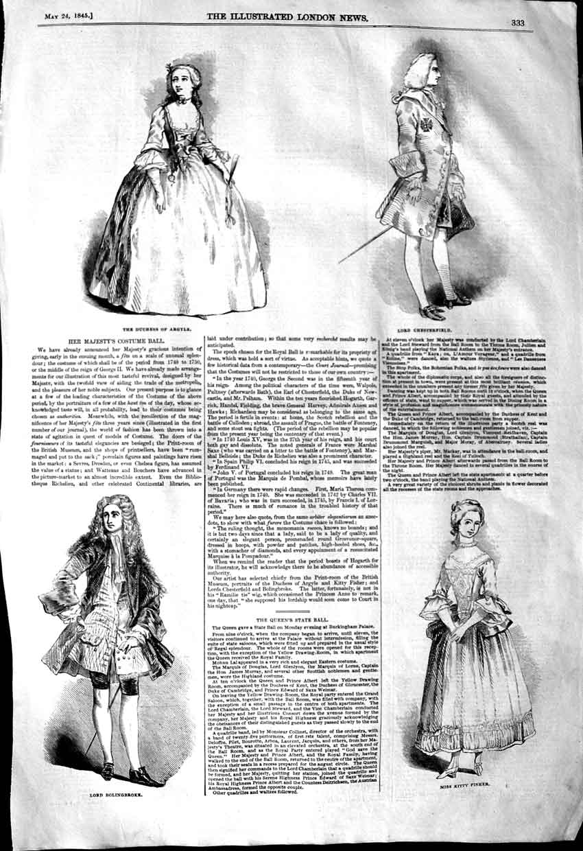 Original Old Antique Print 1845 Duchess Argyle Chesterfield Bolingbroke 19th