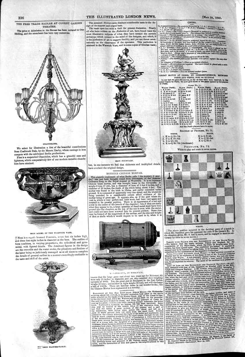 Old Antique Print 1845 Iron Fountain Chandelier Warwick Vase Woolwich Gun 19th