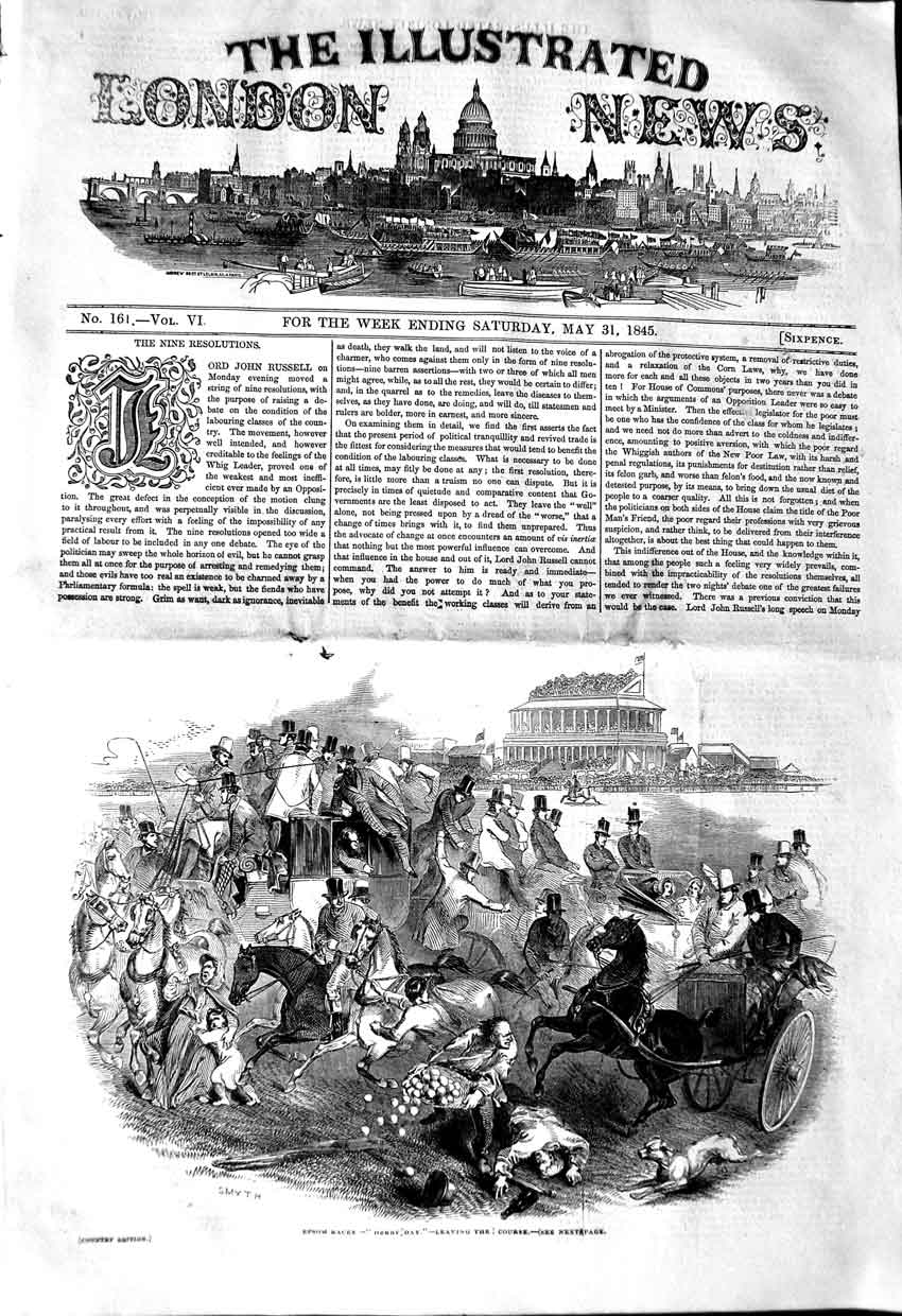 Original Old Antique Print 1845 Epsom Horse Races Sport Grand Stand Carriages
