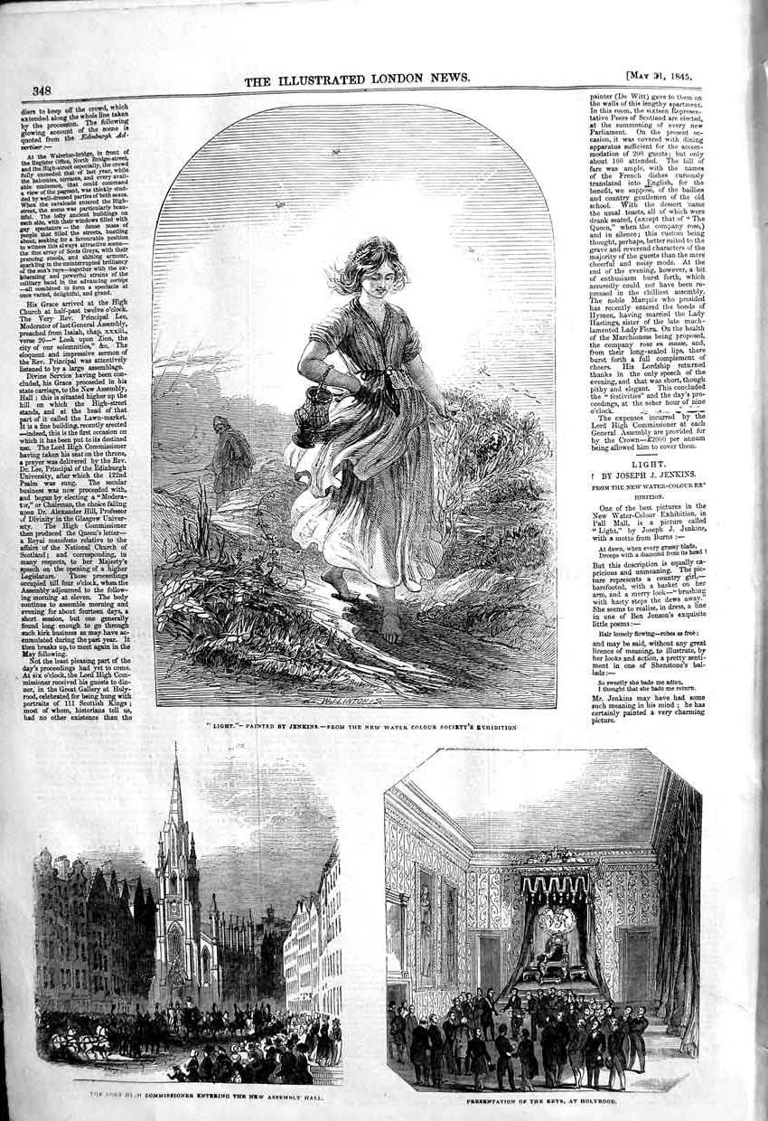 Old Antique Print 1845 Lord Commissioner Assembly Hall Key Holyrood Girl 19th