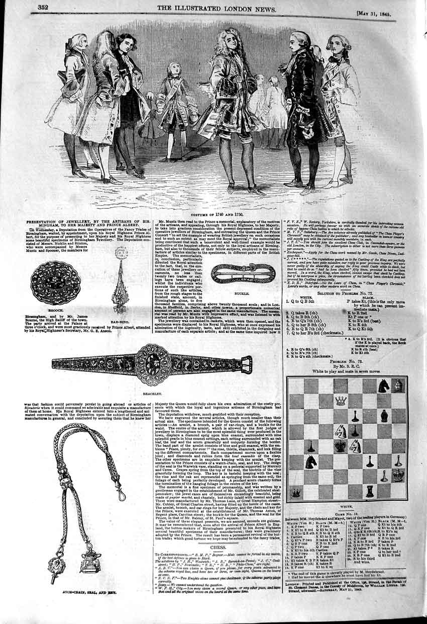Old Antique Print 1845 Costumes 1740 1750 Bracelet Brooch Atch-Chain Seal 19th