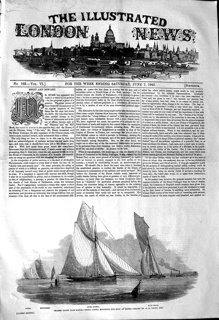 Original Old Antique Print 1845 Thames Yacht Club Prima Donna Blue Belle Vixen