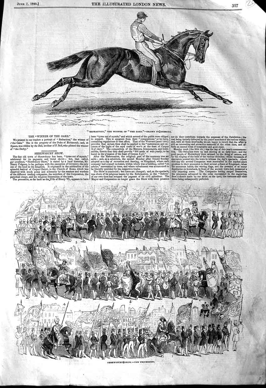 Old Antique Print 1845 Refraction Horse Oaks Shrewsbury Show Procession 19th
