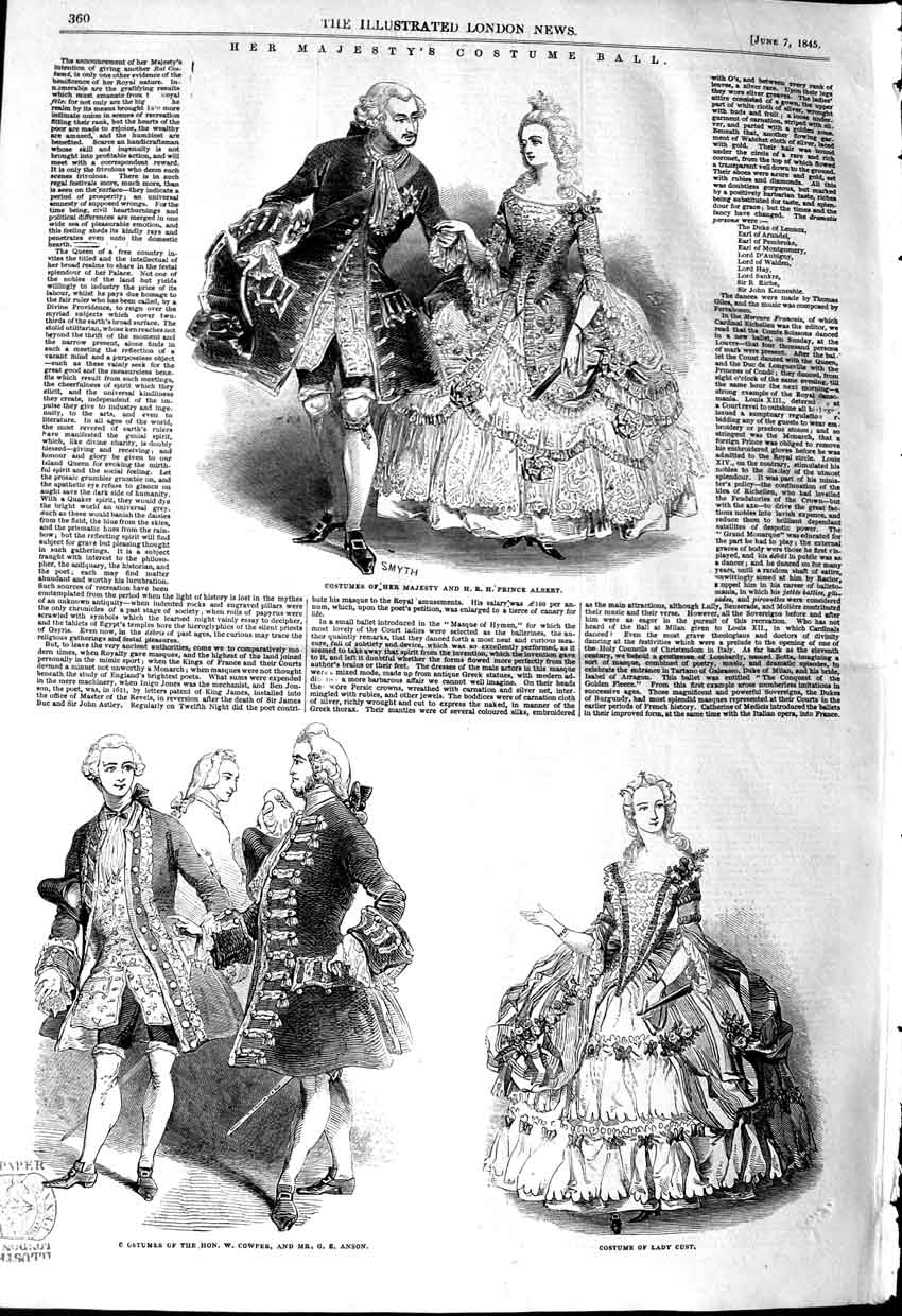 Original Old Antique Print 1845 Queen Costume Ball Prince Albert Cowper La 19th