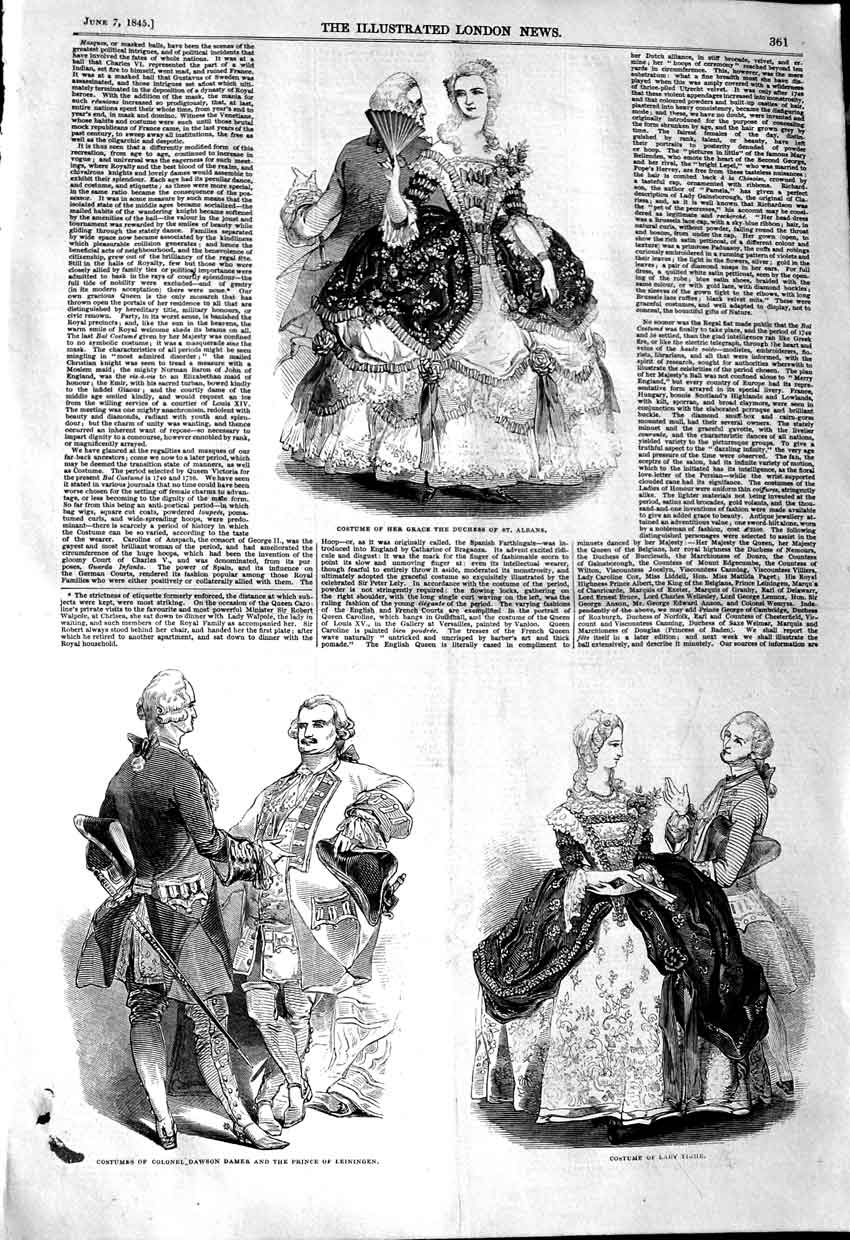 Original Old Antique Print 1845 Costume Duchess Albans Dawson Damer Lady Tigre