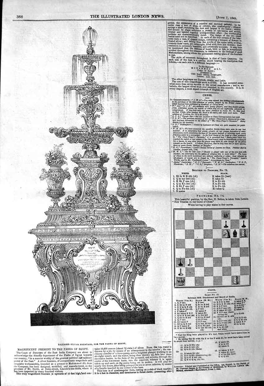 Original Old Antique Print 1845 Silver Fountain Pasha Egypt 19th