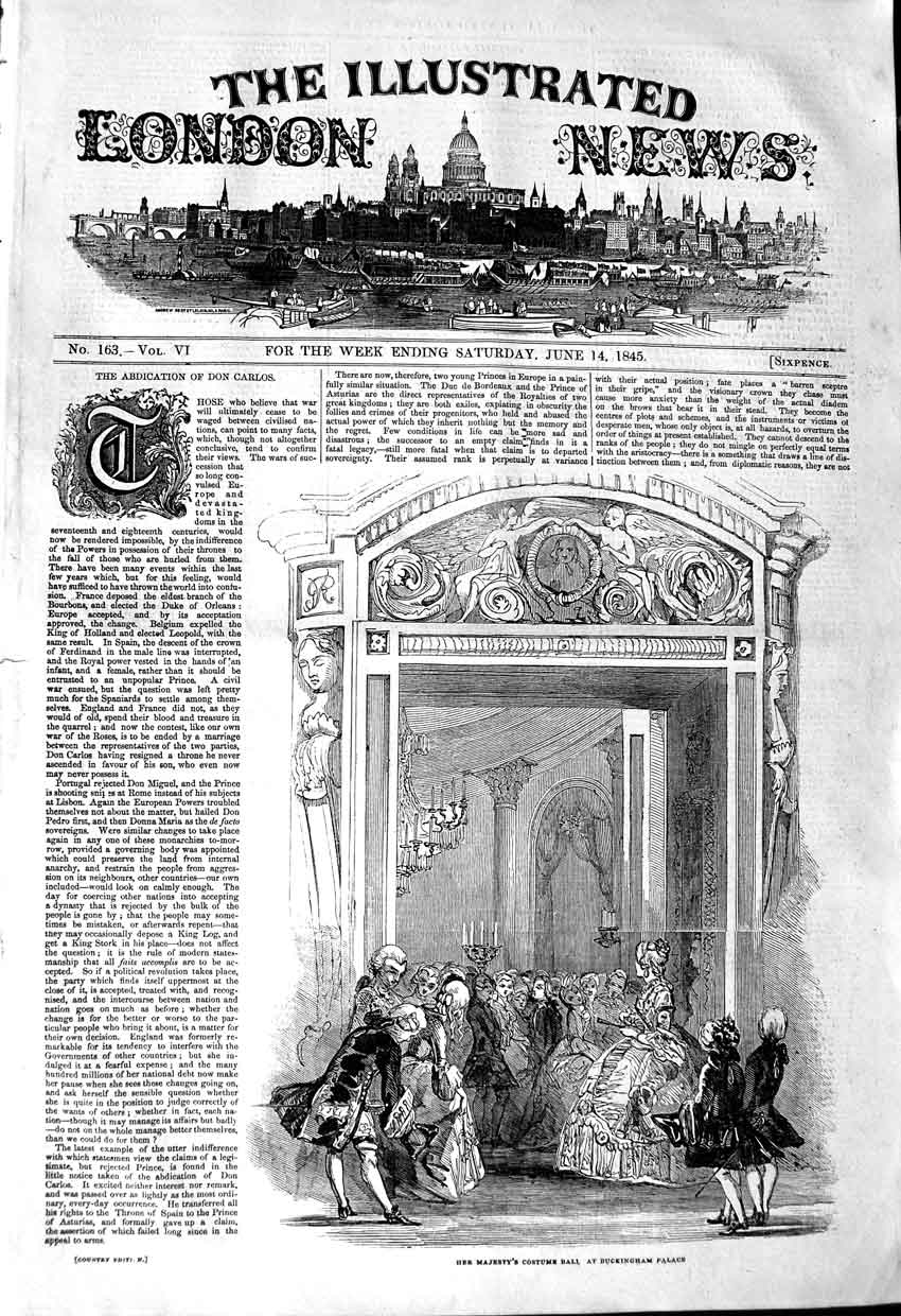 Original Old Antique Print 1845 Queen Costume Ball Buckingham Palace London