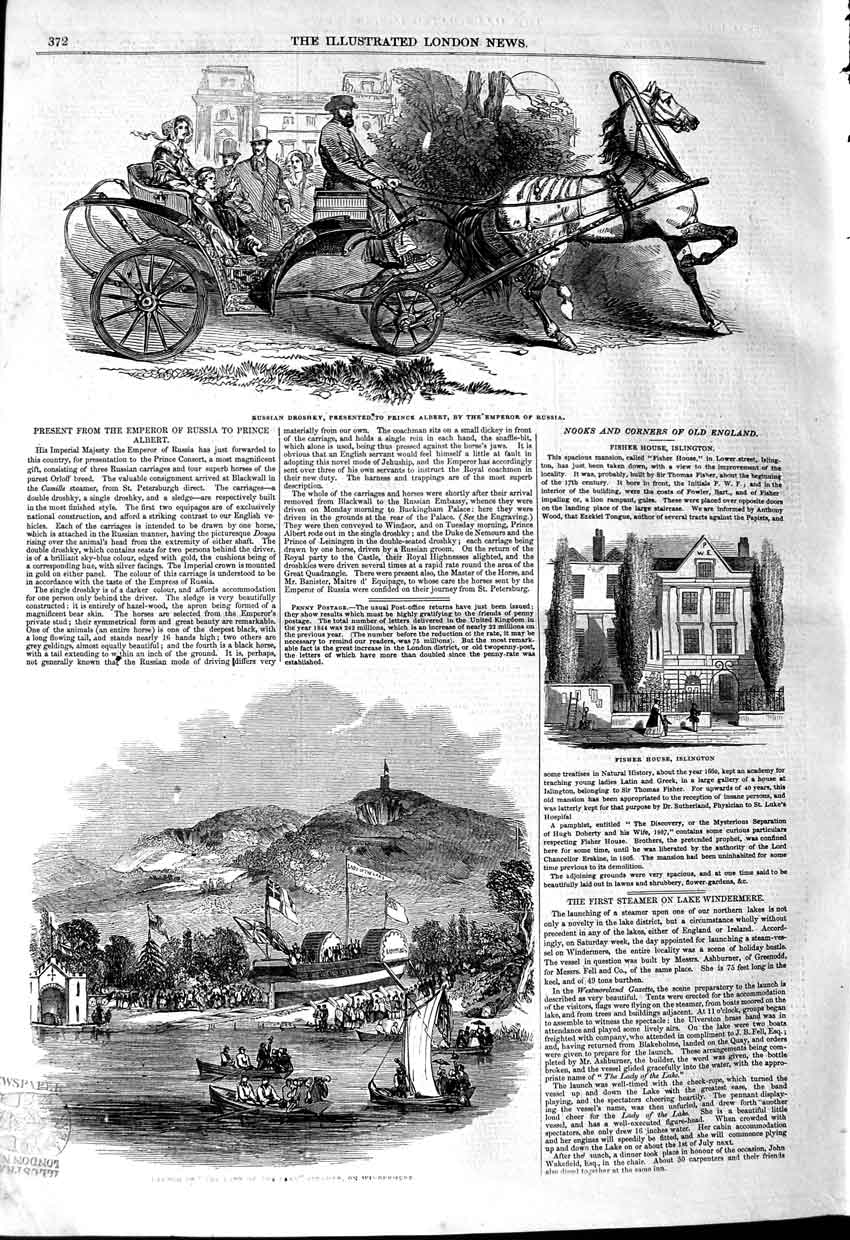 Old Antique Print 1845 Russian Droshky Prince Albert Lady Lake Windermere 19th