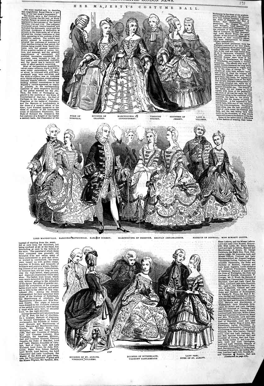 Original Old Antique Print 1845 Queen Costume Ball Duchess Duke Viscount Lo 19th