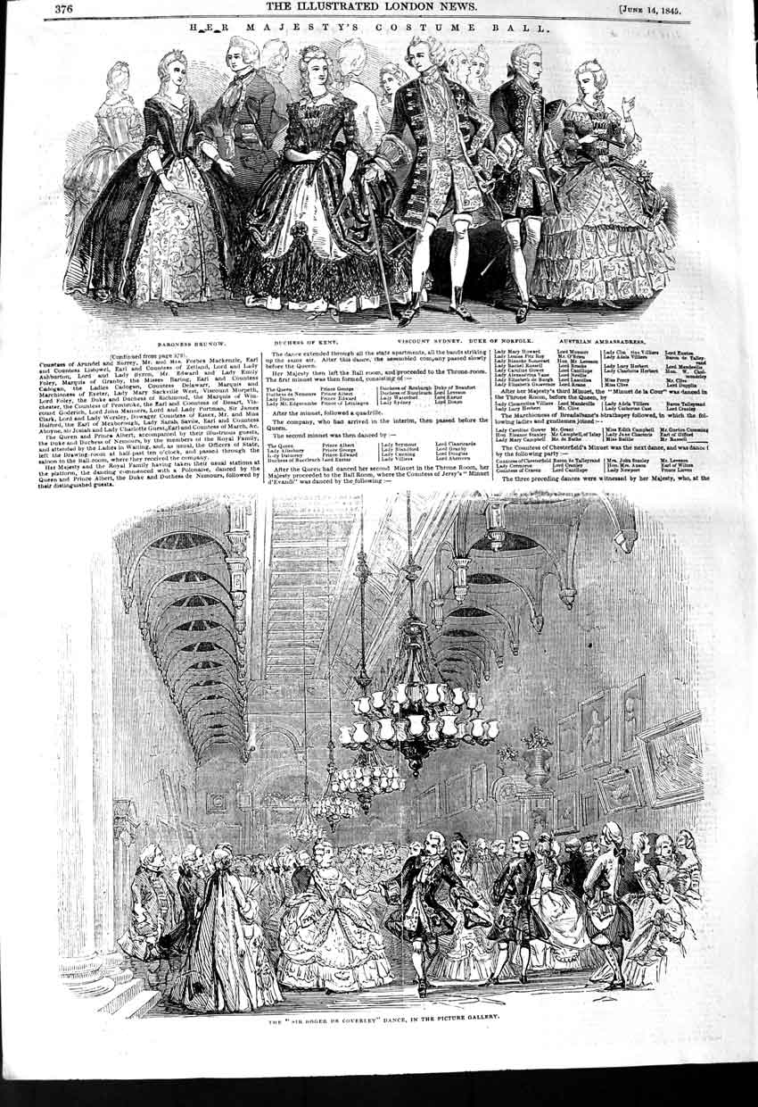Original Old Antique Print 1845 Queen Costume Ball Roger Coverley Duchess Duke