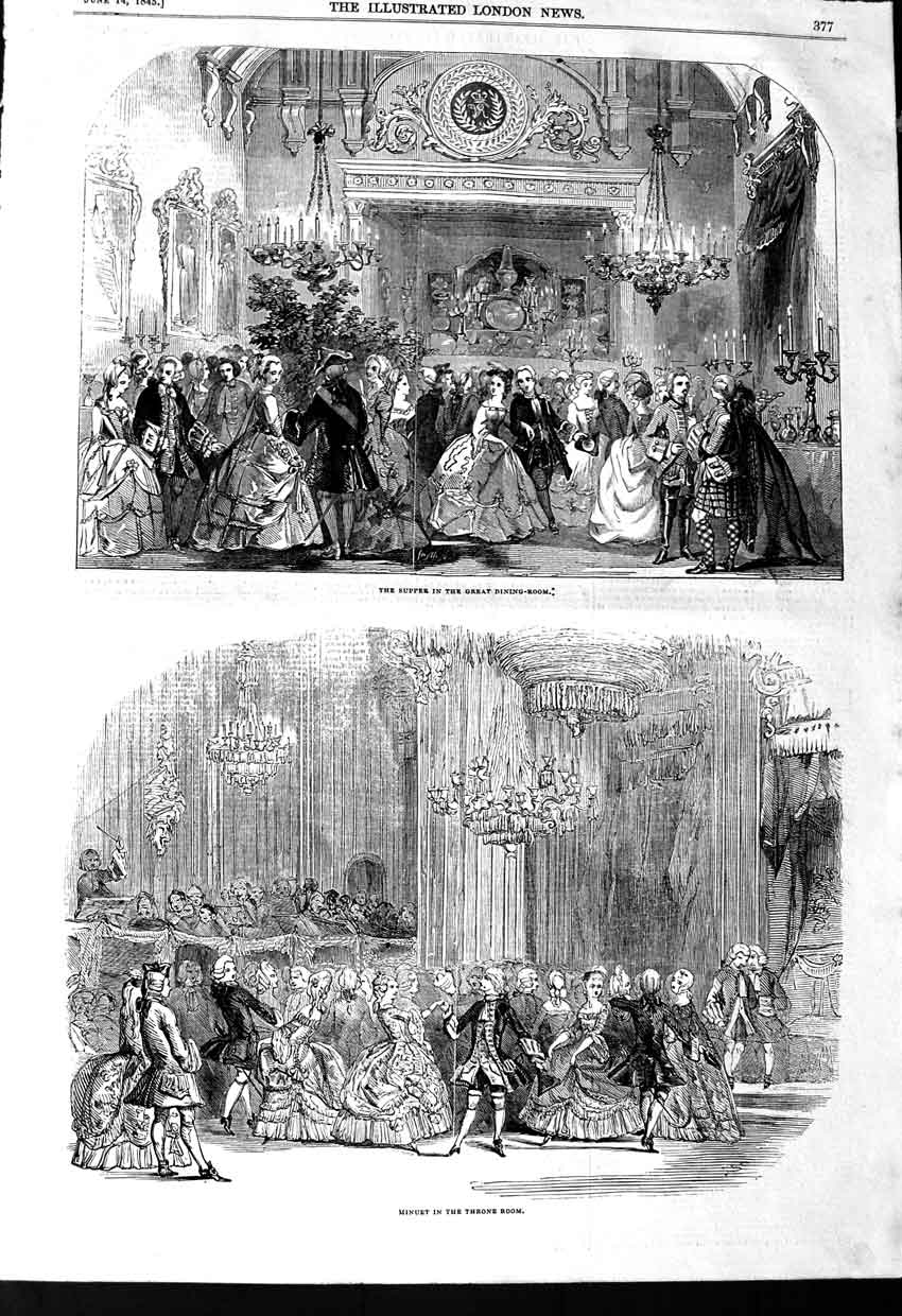 Original Old Antique Print 1845 Supper Great Dining Room Minuet Thron Victorian