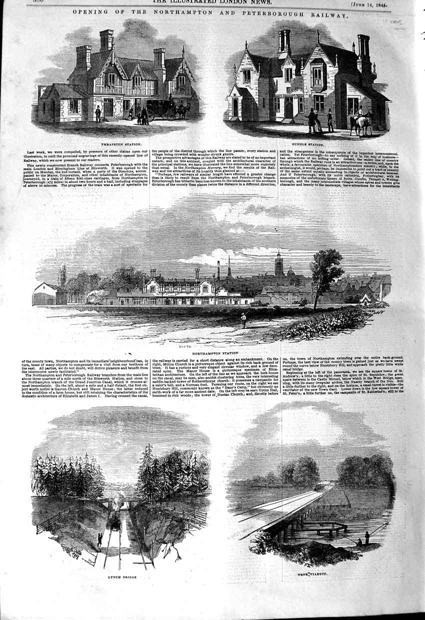 Old Antique Print 1845 Thrapston Railway Station Oundle Northampton Nene 19th