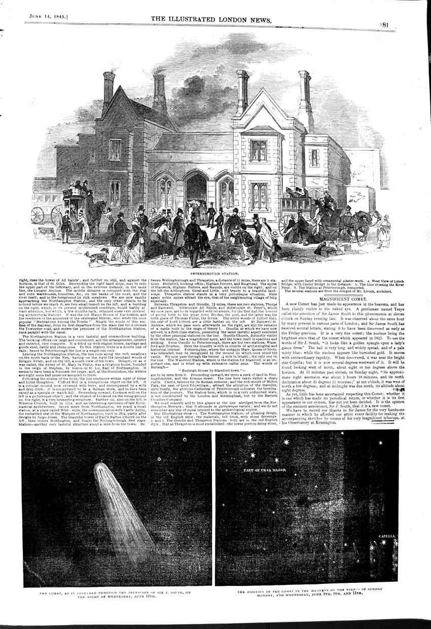 Original Old Antique Print 1845 Peterborough Station Comet Astronomy Ursa Major