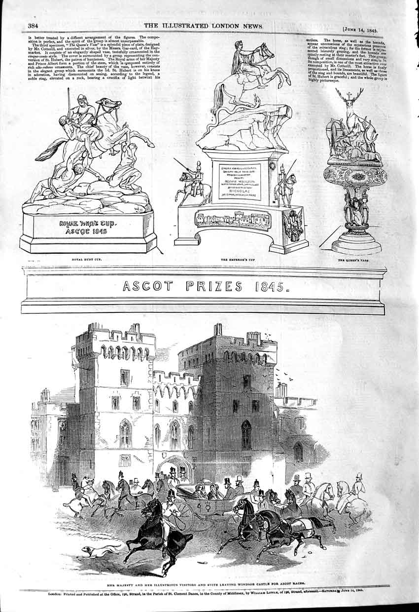 Original Old Antique Print 1845 Ascot Horse Race Prizes Queen Windsor Castle