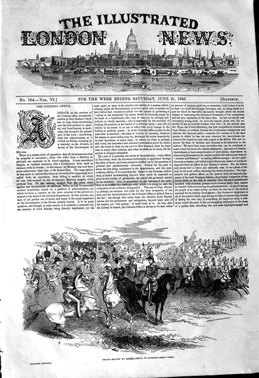 Original Old Antique Print 1845 Grand Review Queen Windsor Great Park Siers