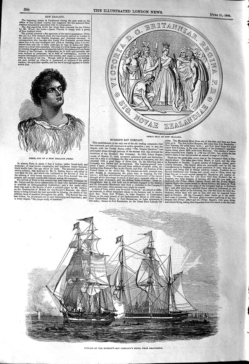 Original Old Antique Print 1845 Perie New Zealand Chief Seal Hudson'S Bay Ship