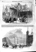 Original Old Antique Print 1845 Duke Wellington Waterloo Barracks Tower London
