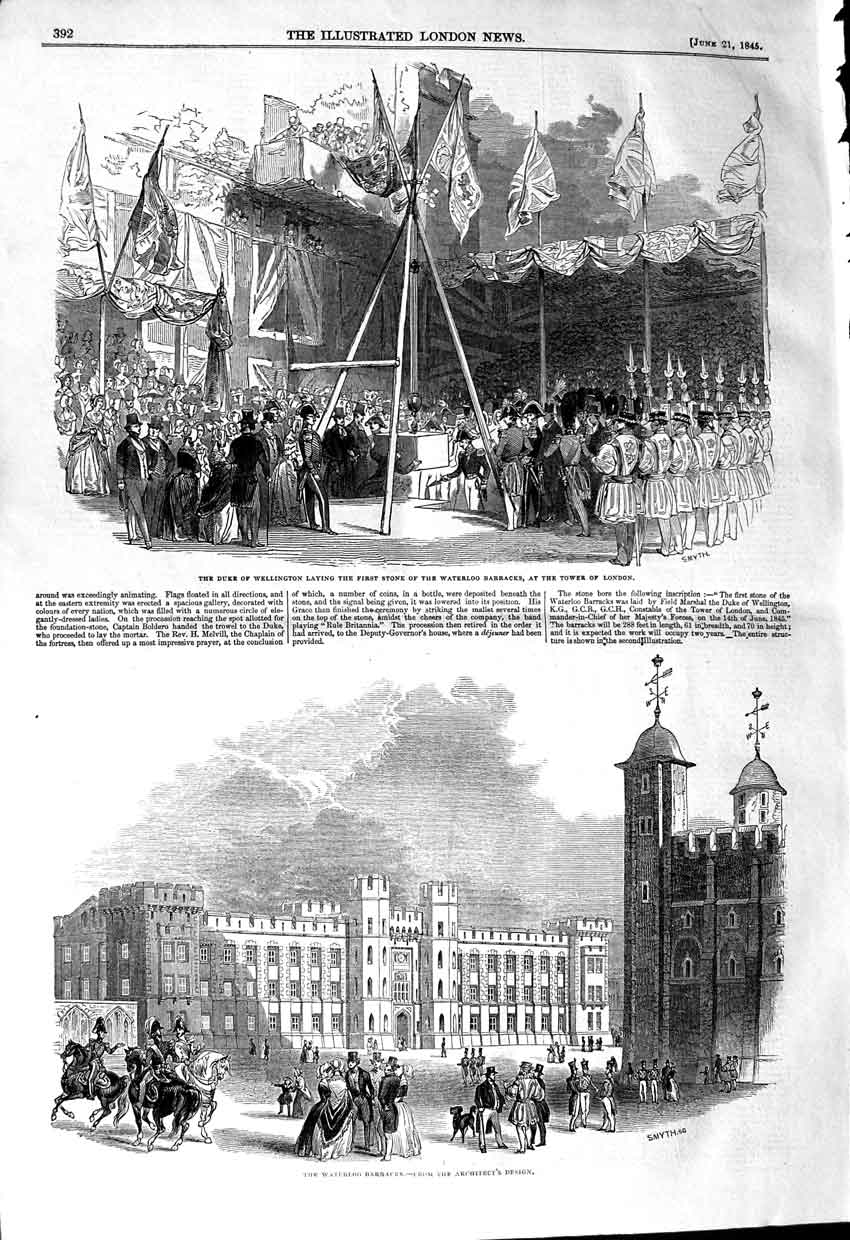 Original Old Antique Print 1845 Duke Wellington Waterloo Barracks Tower London