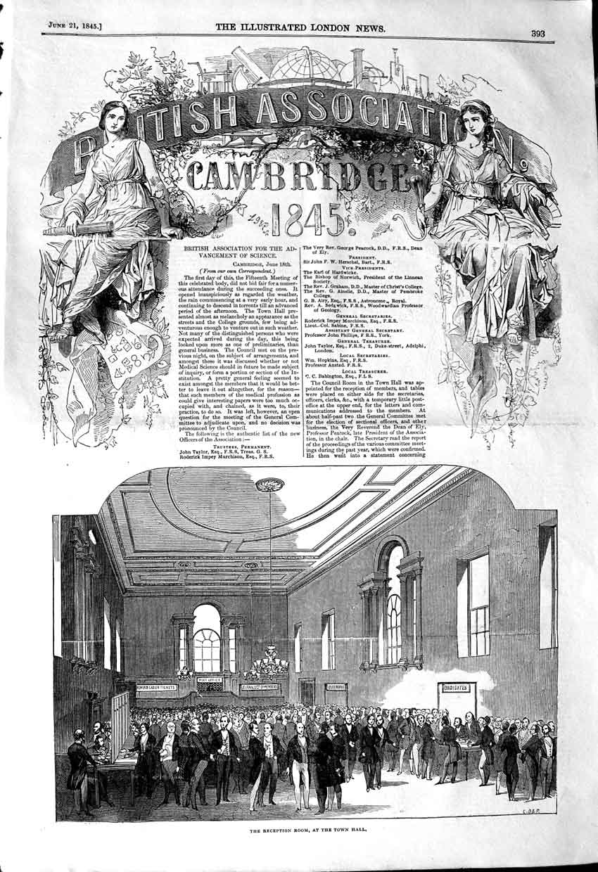 Old Antique Print 1845 British Association Reception Town Hall Cambridge 19th