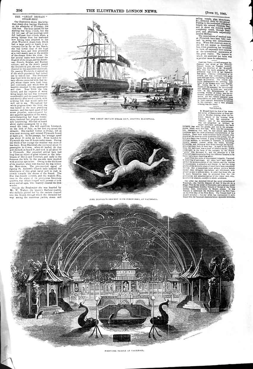 Old Antique Print 1845 Great Britain Steam Ship Firework Temple Vauxhall 19th