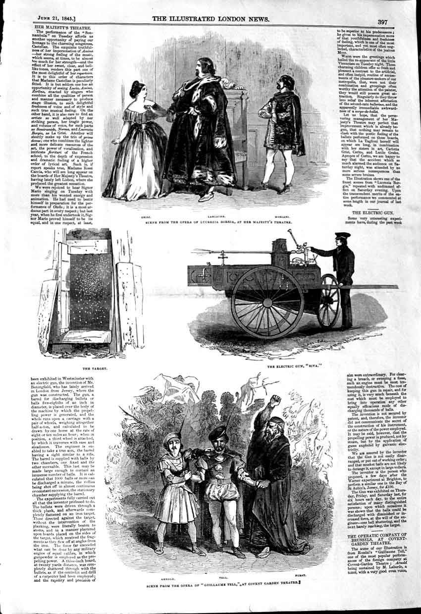 Original Old Antique Print 1845 Opera Lucrezia Borgia Theatre Electric G 19th