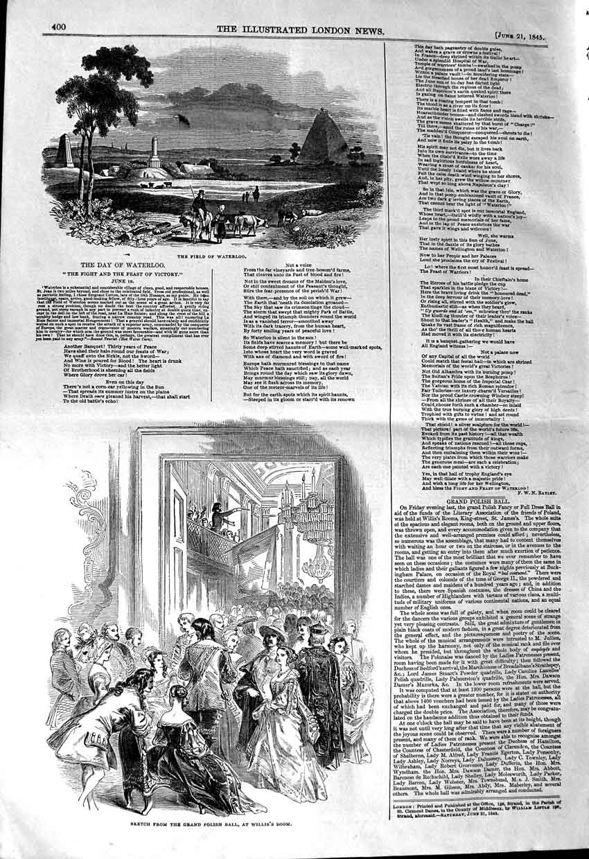Original Old Antique Print 1845 Field Waterloo Gran Polish Ball Will Victorian