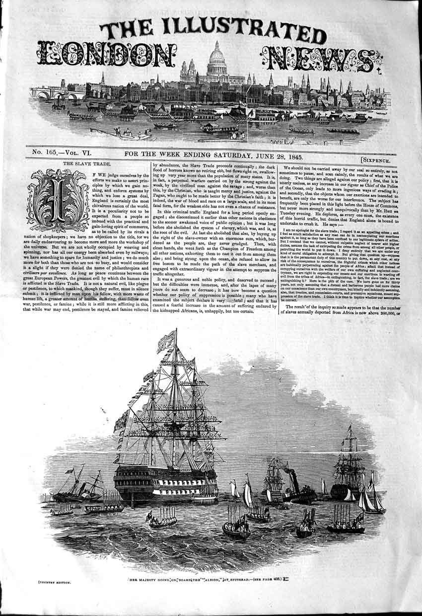 Original Old Antique Print 1845 Queen Albion Ship Spithead Royal Yacht Boats