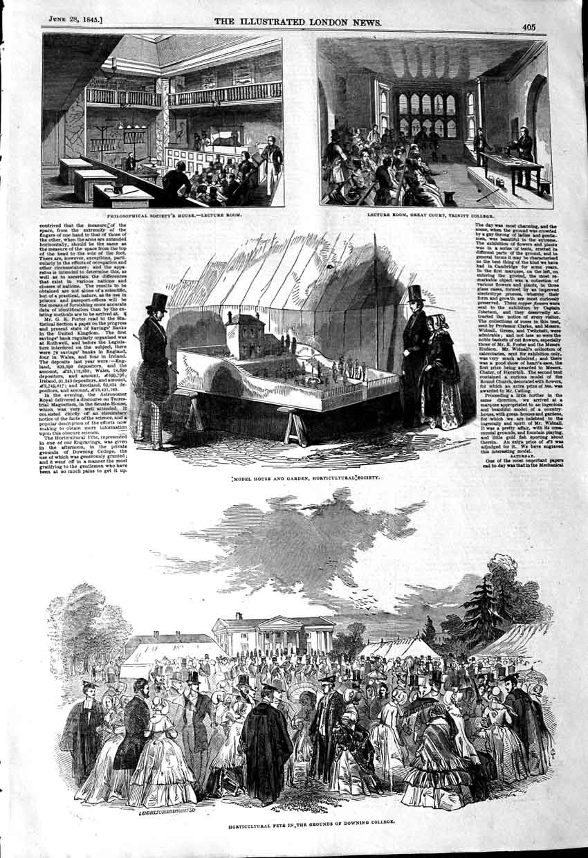 Old Antique Print 1845 Model Horticultural Fete Downing College Trinity 19th