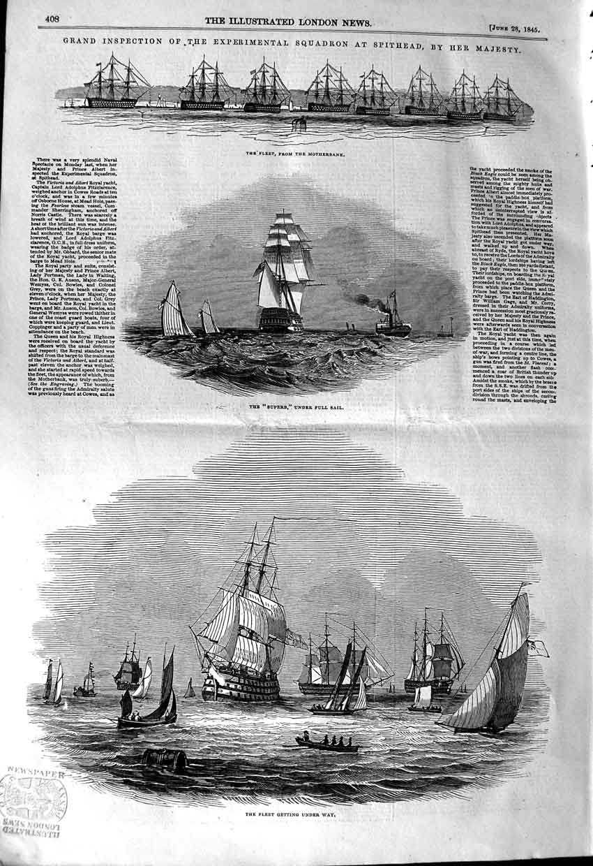 Original Old Antique Print 1845 War Ships Spithead Motherbank Superb Sailing