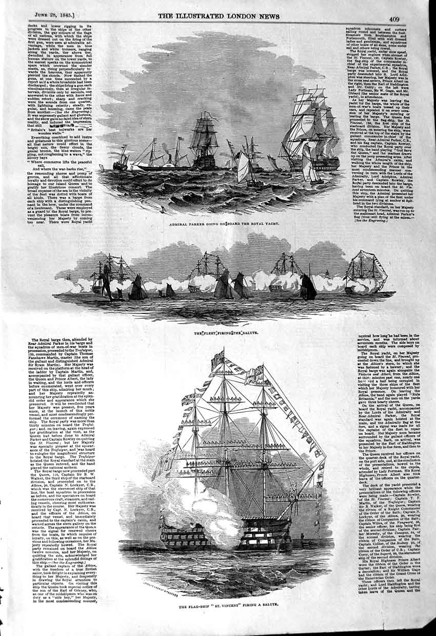 Original Old Antique Print 1845 Ship Vincent Admiral Parker Royal Yacht Salute