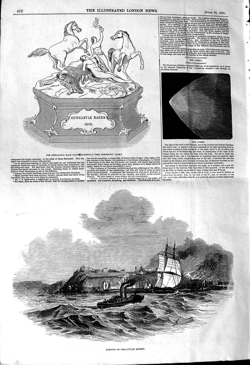 Original Old Antique Print 1845 Newcastle Race Plate Mazeppa Comet Fire Quebec