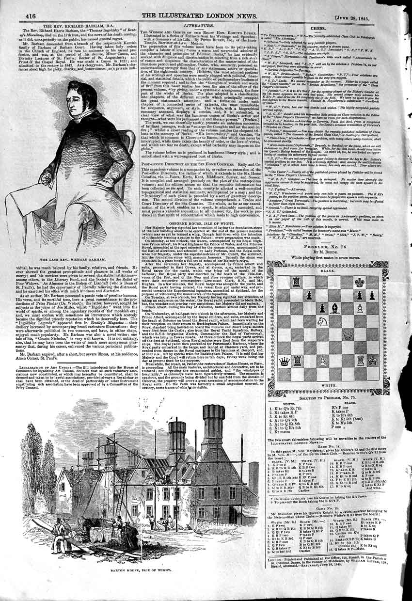 Original Old Antique Print 1845 Rev. Richard Barham Barton House Isl Victorian