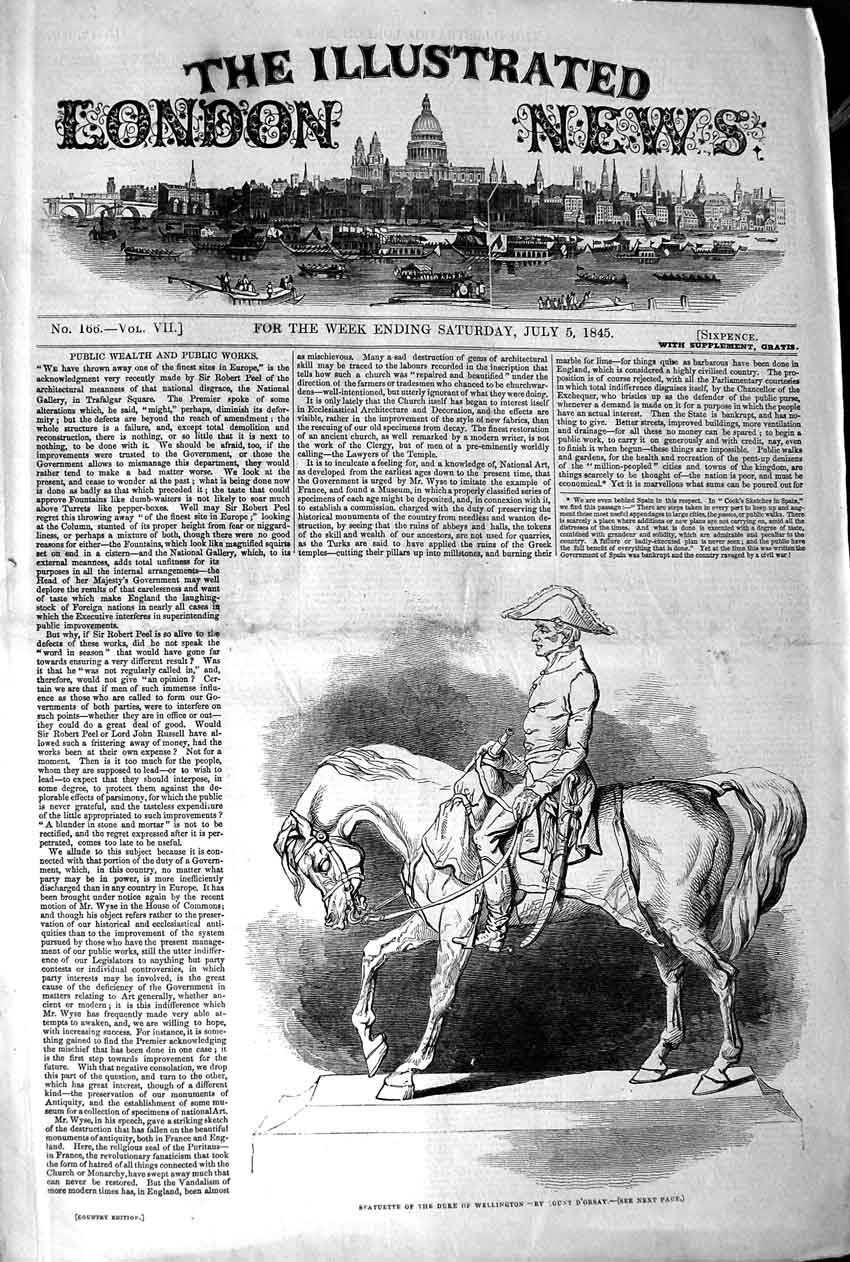 Original Old Antique Print 1845 Statuette Duke Wellington Horse Count D'Orsay