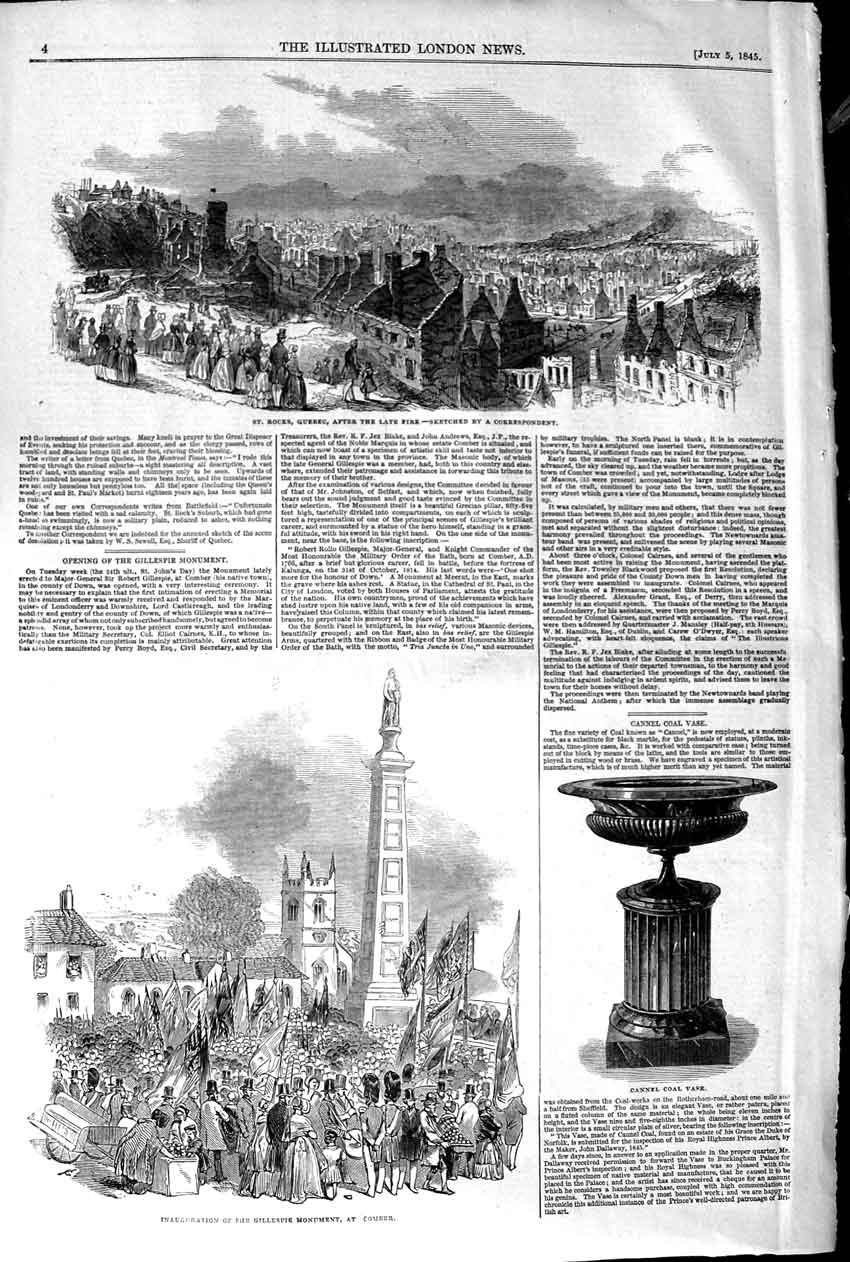 Original Old Antique Print 1845 St. Rocks Quebec Fire Gillespie Monument Comber
