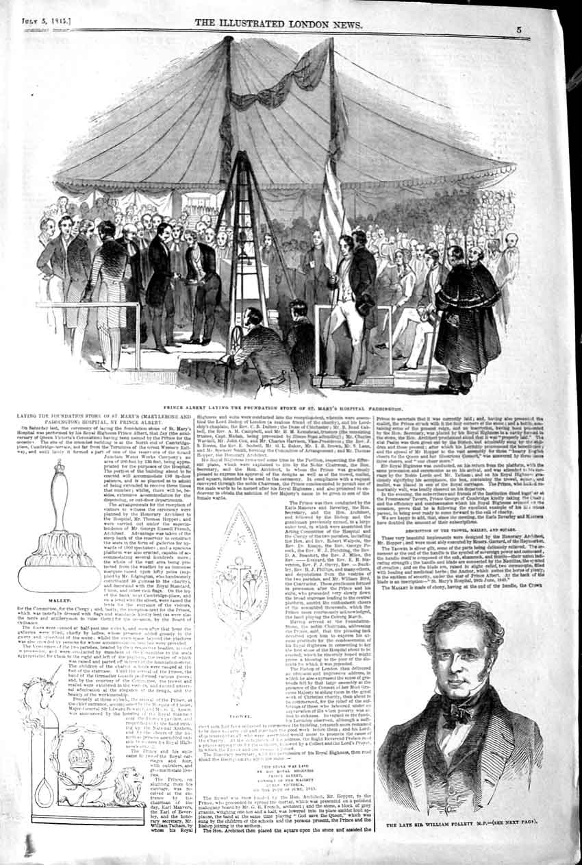 Old Antique Print 1845 William Follett Prince Albert Hospital Paddington 19th