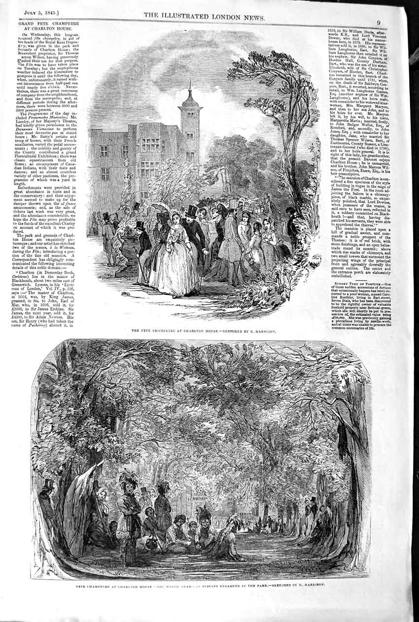 Original Old Antique Print 1845 Fete Champetre Charlton House American Indians