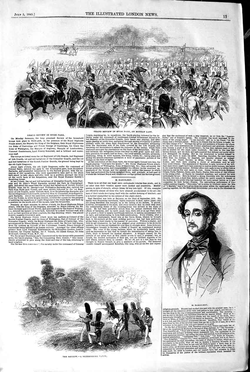 Original Old Antique Print 1845 Grand Review Hyde Park London Baroilhet Siers