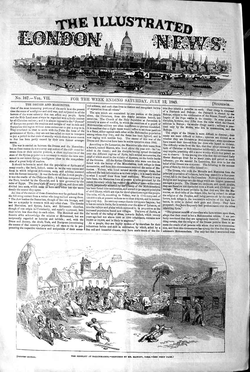 Original Old Antique Print 1845 Conflict Ballinhassig Battle Maho 19th