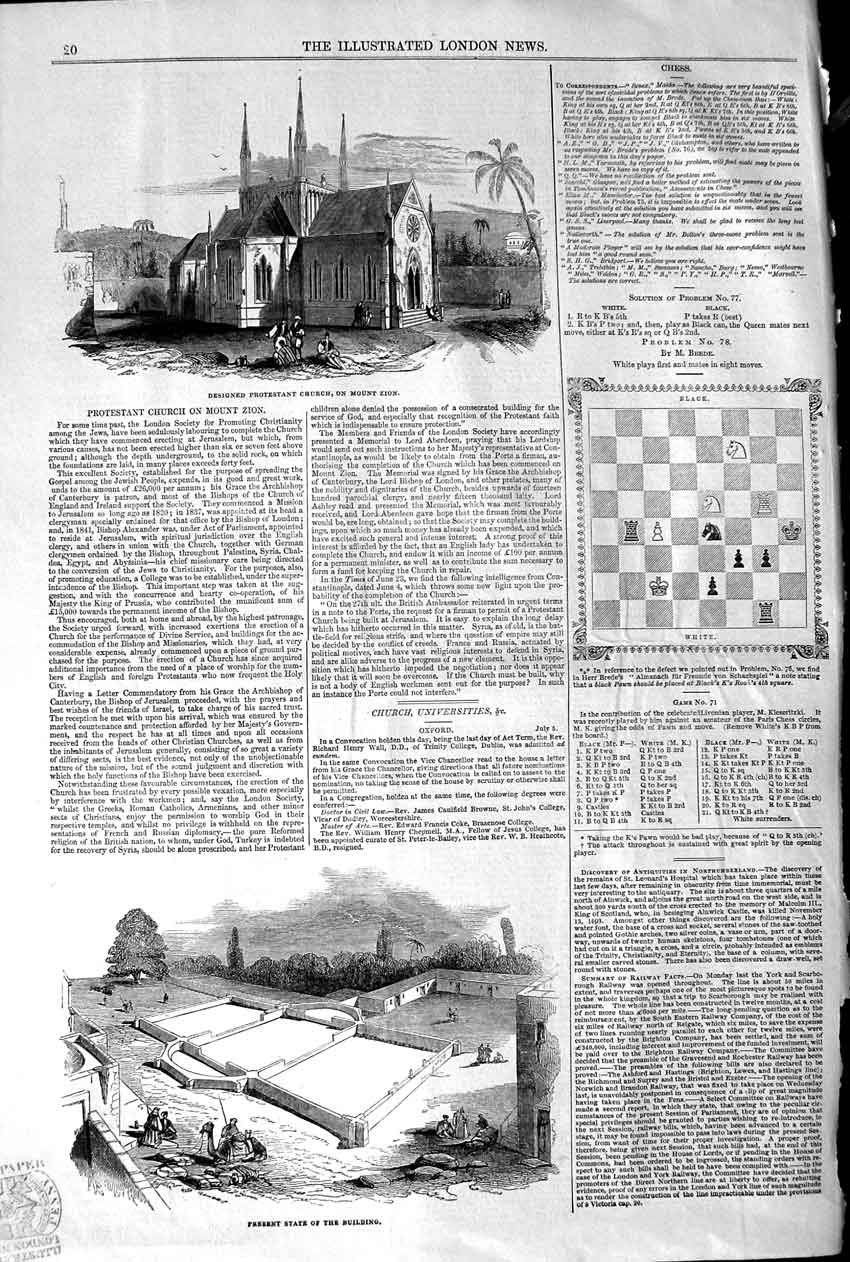 Old Antique Print 1845 Protestant Church Mount Zion Building Architecture 19th
