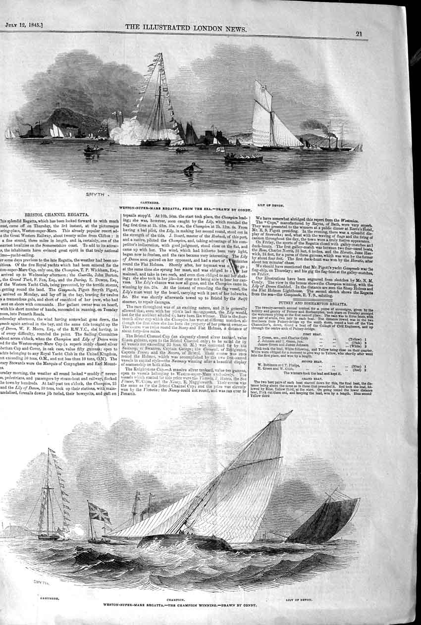 Original Old Antique Print 1845 Weston-Super-Mare Regatta Lily Devon Champion